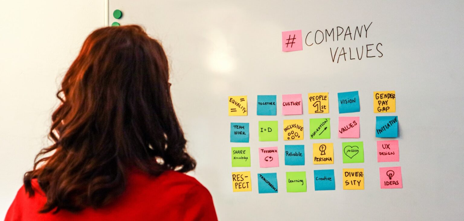 a woman standing in front of a white board with sticky notes on it